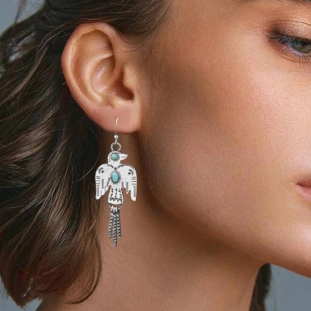 NEW The Raven Dangle Earrings Turquoise color Silver color Boutique